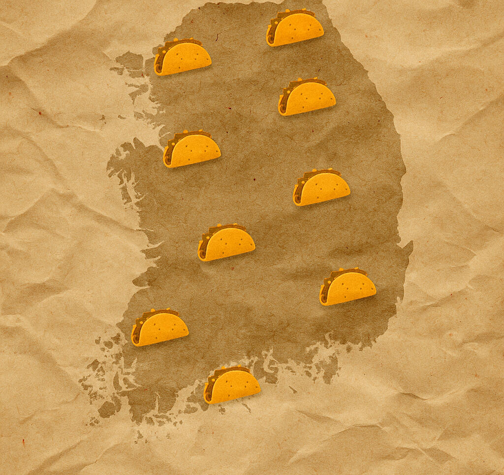 Stylized parchment map of South Korea with taco icons marking key restaurant locations, representing the spread of Mexican and Tex-Mex cuisine across the country.