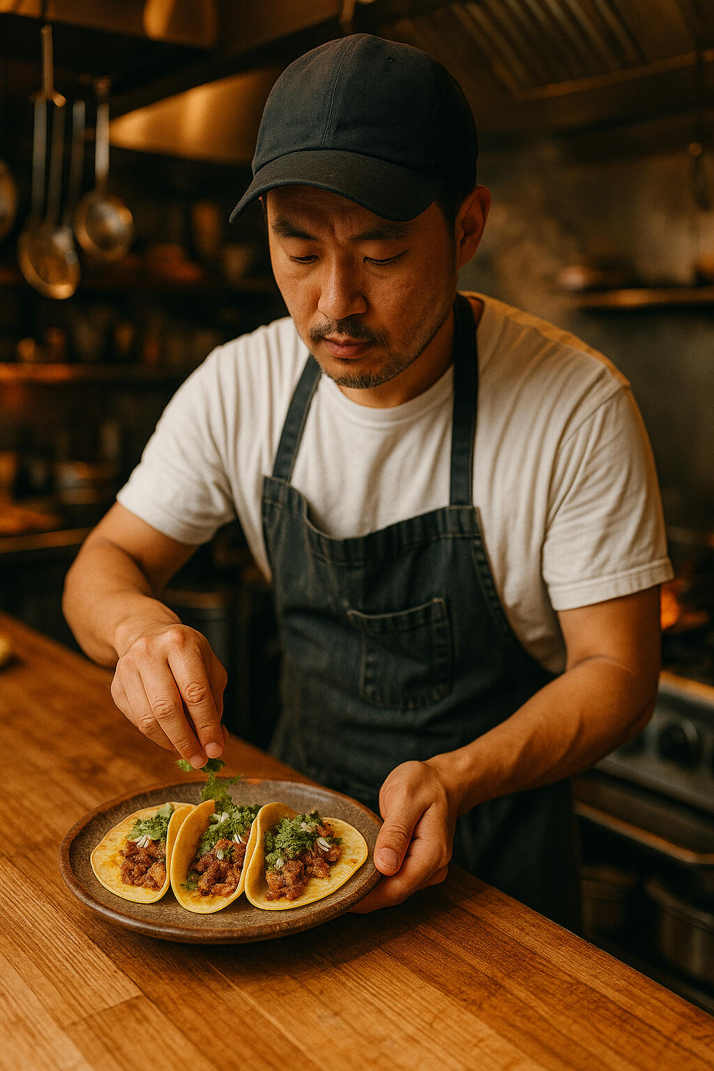 Korean chef plating tacos in a warm, bustling Seoul kitchen with a rustic vibe — showcasing Korea’s growing Tex-Mex food scene.