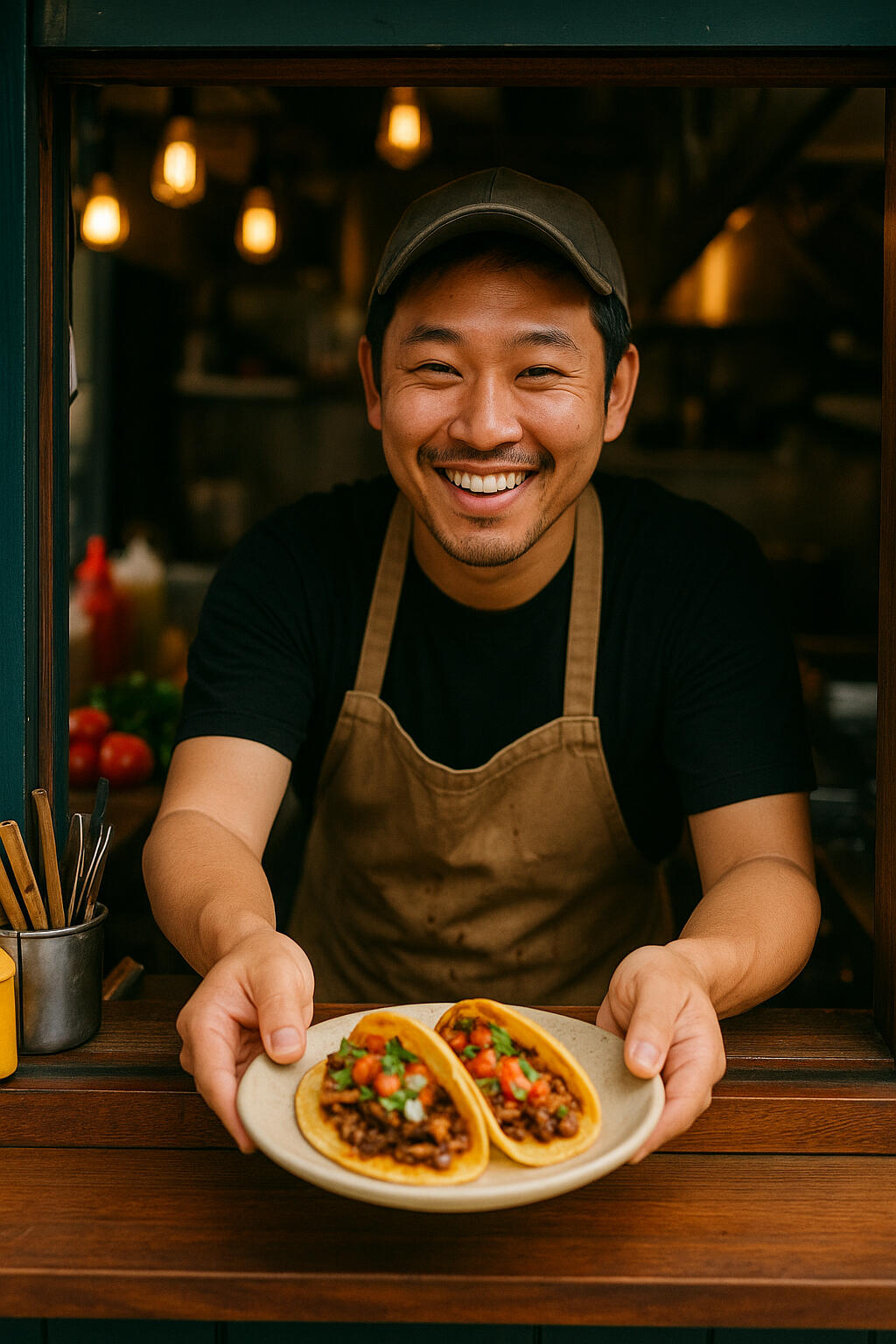 Smiling Korean chef handing out tacos from a food truck or kitchen window, representing Korea’s growing Tex-Mex culinary scene.